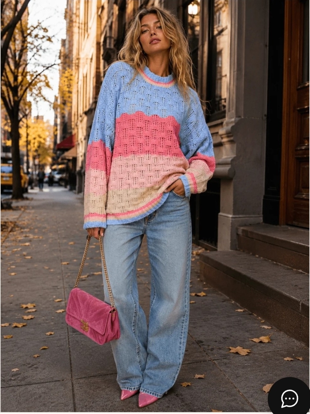 BiBi Pastel Colorblock Open-Knit Crewneck Sweater - Blue/Pink/Cream